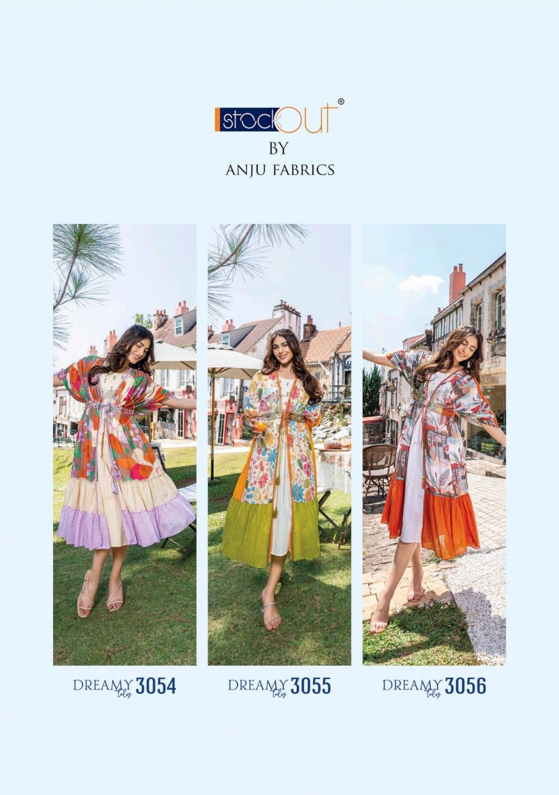 Dreamy tales by Anu fabrics 3051 TO 3053 SERIES Indian PURE MAL COTTON party wear kaftan jacket with midi stitched dresses At Wholesale Price